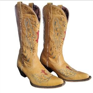 Laredo Wild Angels Tan Cowgirl Boots Red Teal Accents Studs Womens Size 10